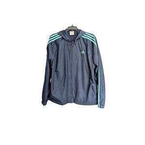 Adidas Womens Jacket Large Navy Blue Turquoise Windbreaker Lined Fall Autumn